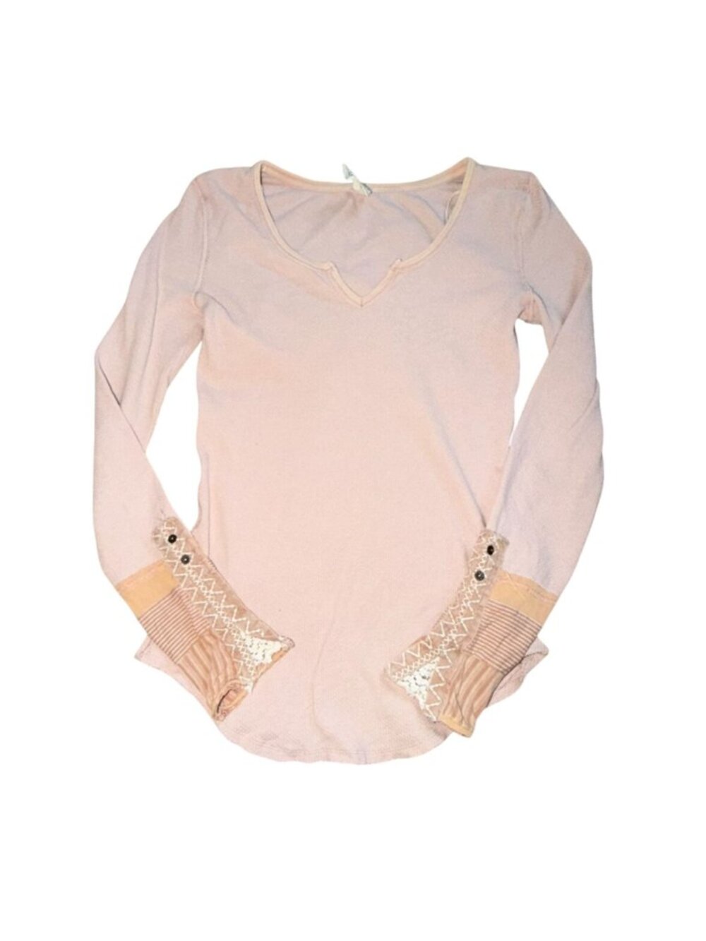 We The Free Boho Waffle Knit Thermal Top Split V-Neck Crochet Lace Cuff Shirt-M